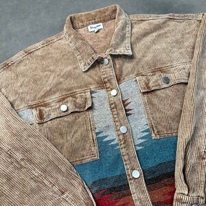 Prissy Jane Shacket Women 2XL Tan Corduroy‎ Southwestern Aztec Frayed Excellent